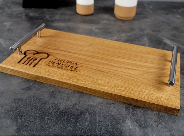 personalised oak tray with chrome handles 150x400